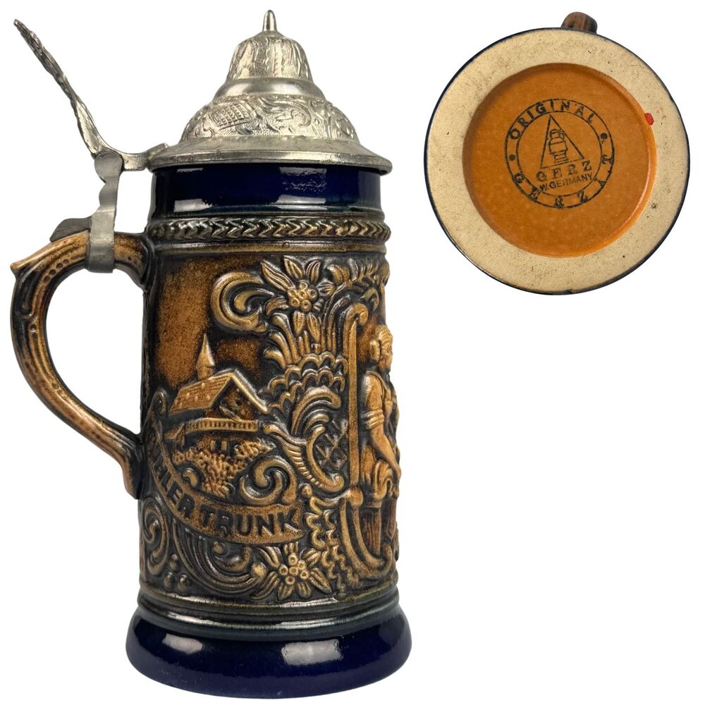 Vintage Original Gerzit German Beerstein Lidded Kuhler Trunk Und Heipe‎ Jagd